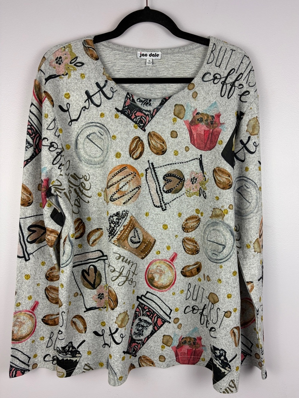 Jac Dale XL Coffee Latte Rhinestone Novelty Print Sweater Casual Novelty
